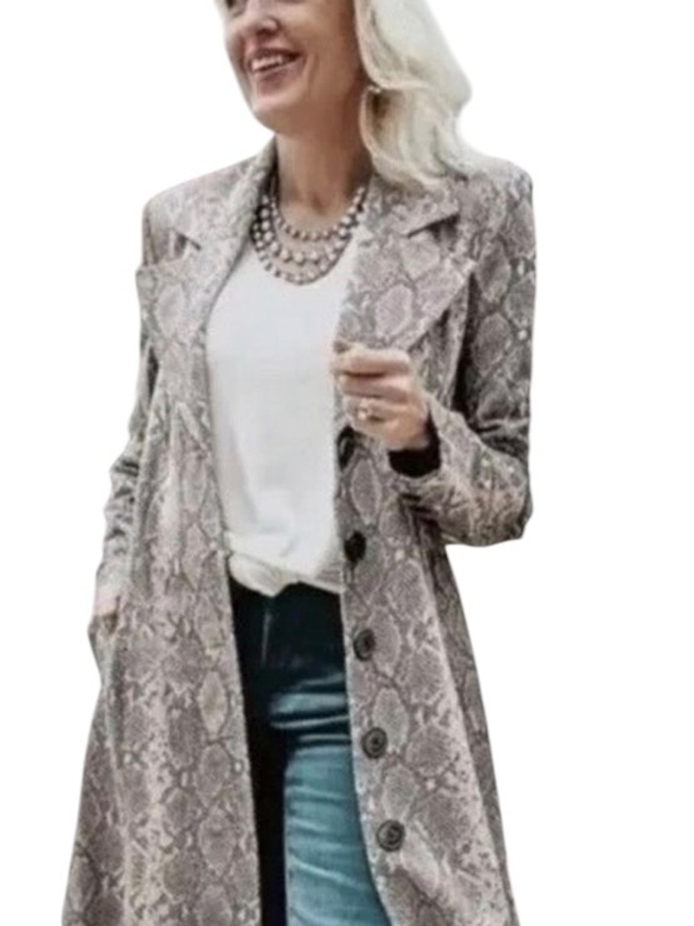Nwot CAbi Neutral king cobra Snake-Print Trench Coat Beige and Gray size small - Picture 3 of 13